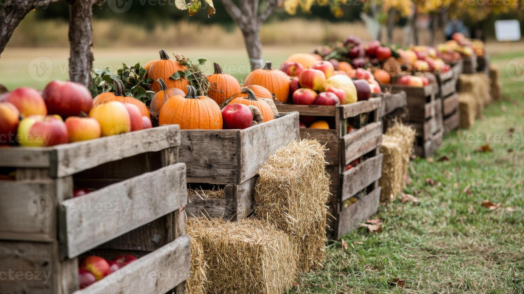 Autumn Harvest Display of Apples and Pumpkins in Wooden Crates photo