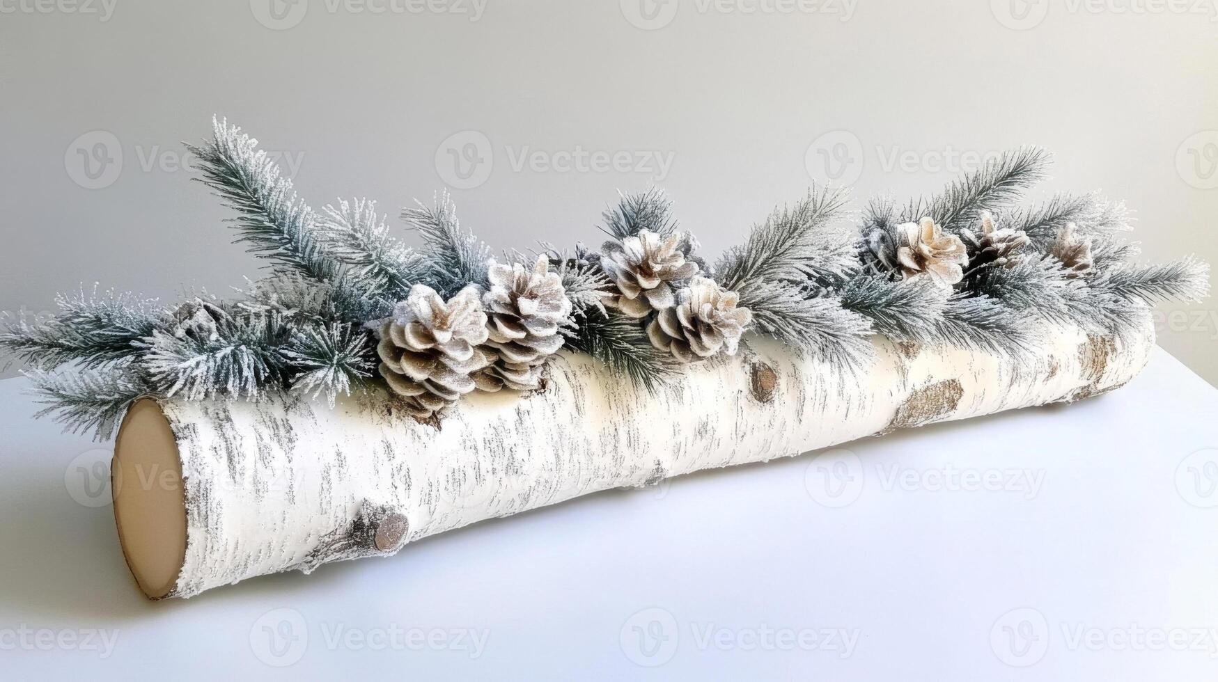 Snowy Birch Log Centerpiece with Pine Cones and Frosted Branches photo