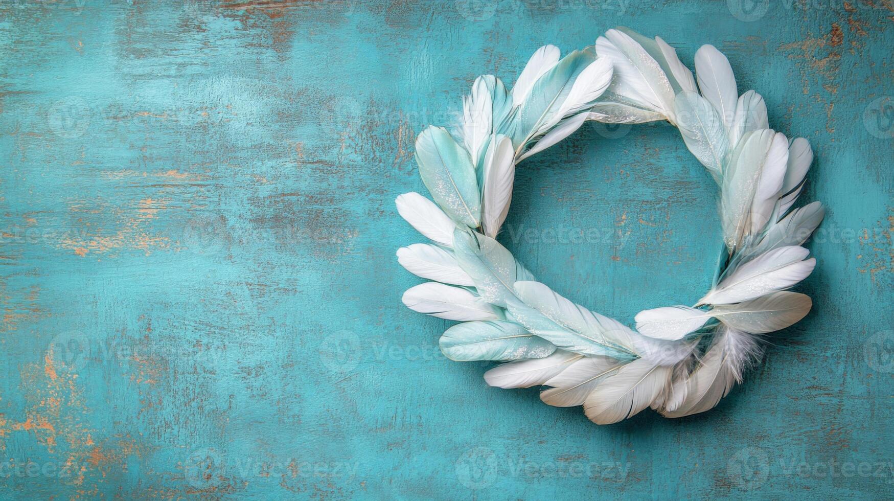 White Feather Wreath on Teal Wooden Background photo