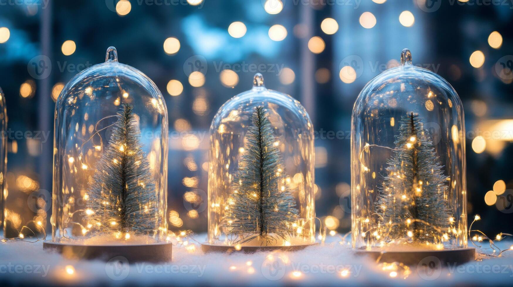 Miniature Christmas Trees Under Glass Domes with Warm Lights photo