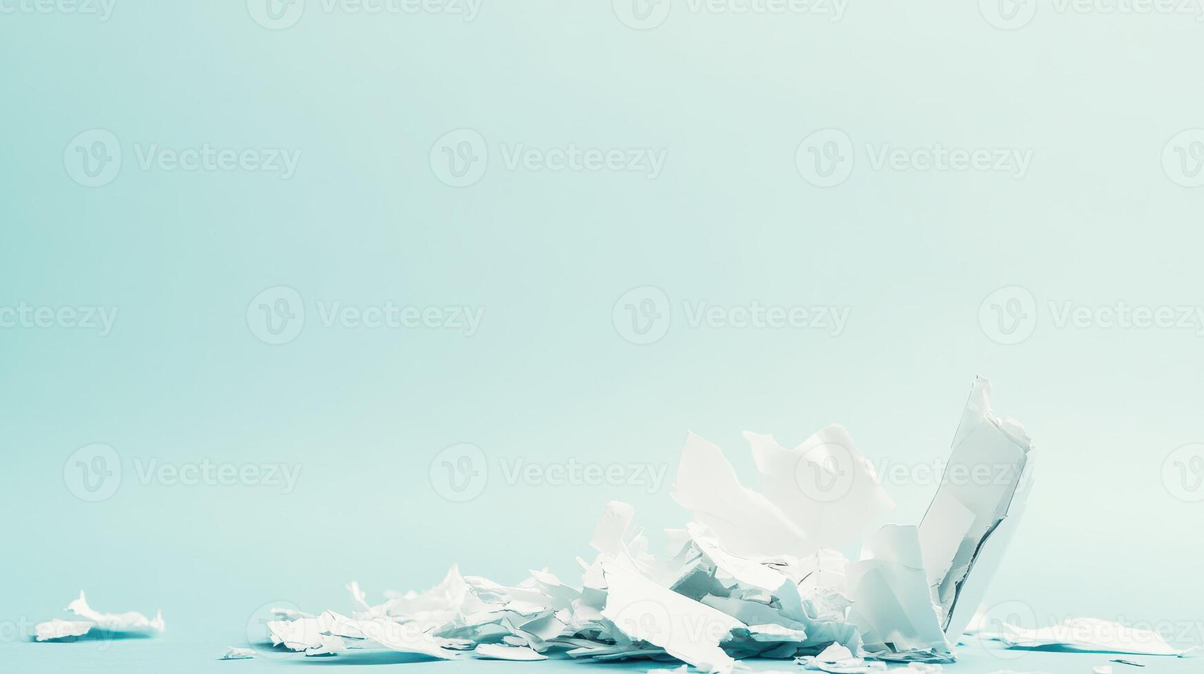 Shredded paper scattered on a light blue surface photo