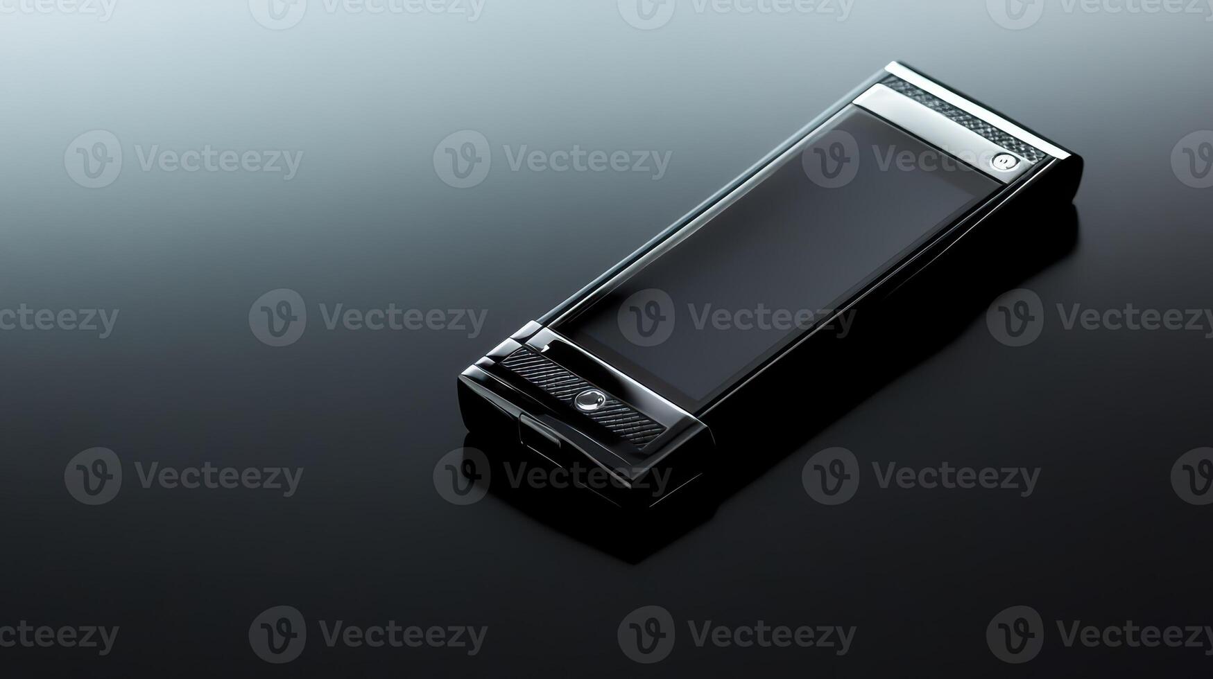 Smartphone resting on a glossy black surface photo