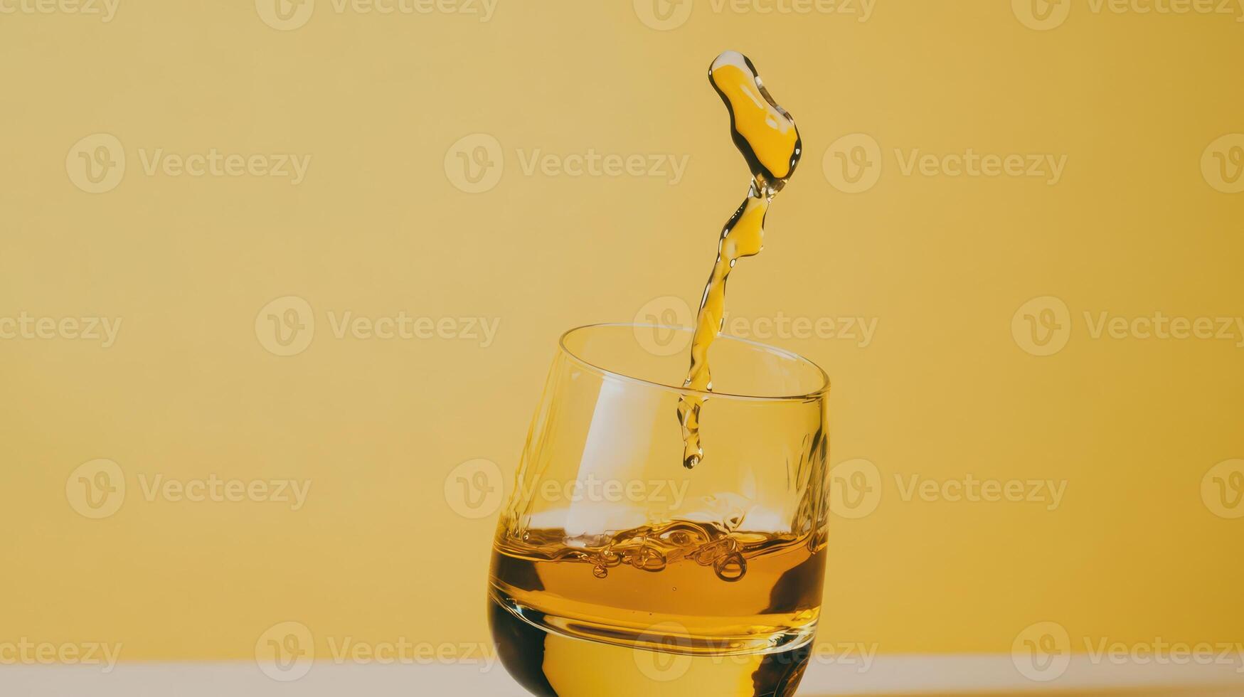 Golden liquid splashes in a glass against yellow photo