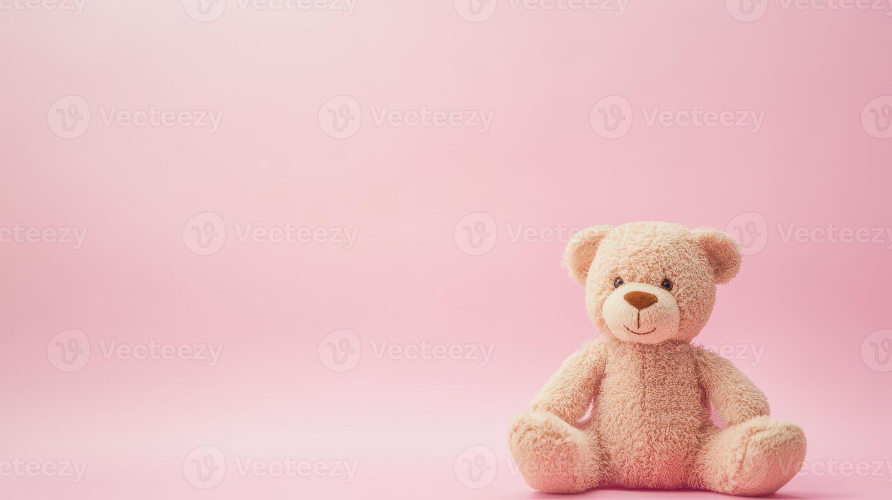 Stuffed bear on pink background in bright light photo