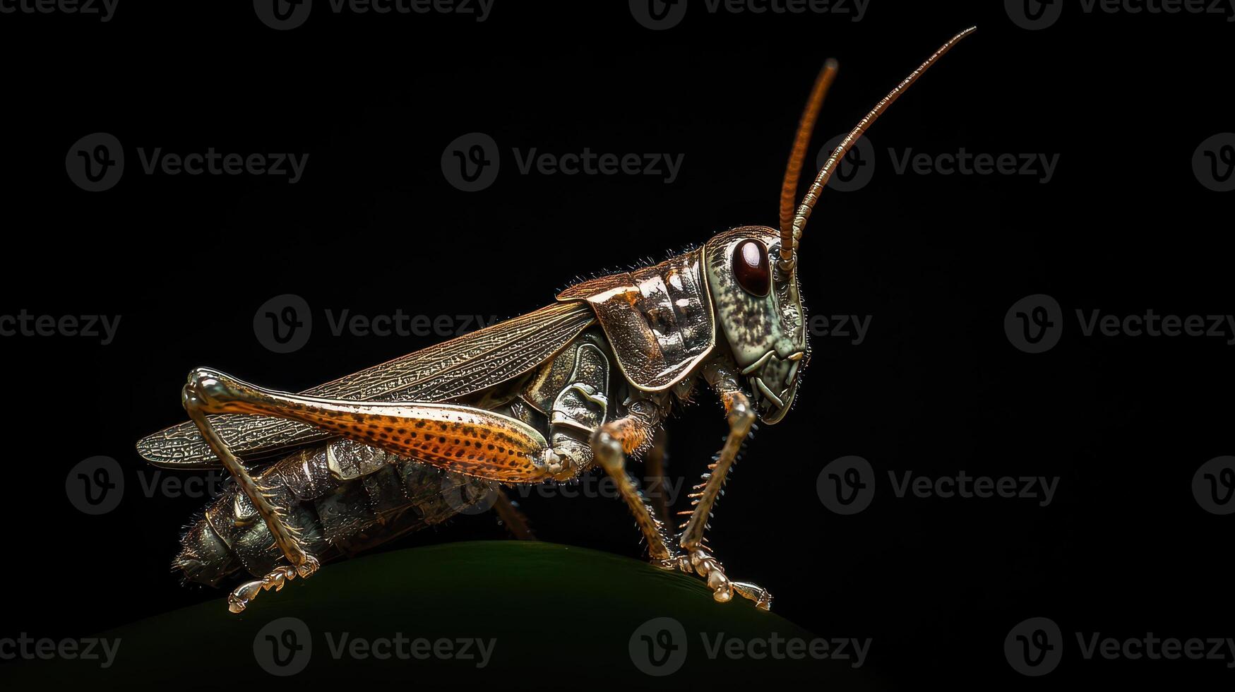 Close up view of grasshopper on leaf in nature photo