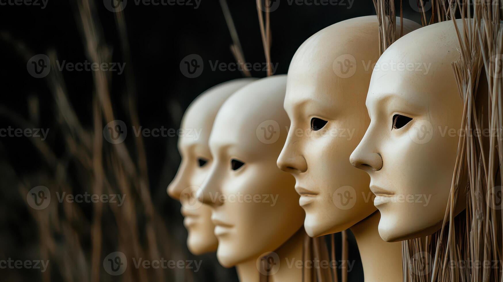 Mannequins lined up on dark backdrop photo