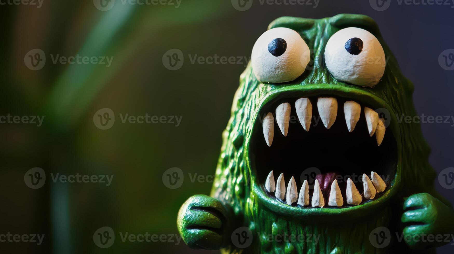 Green toy monster with sharp teeth in close focus photo
