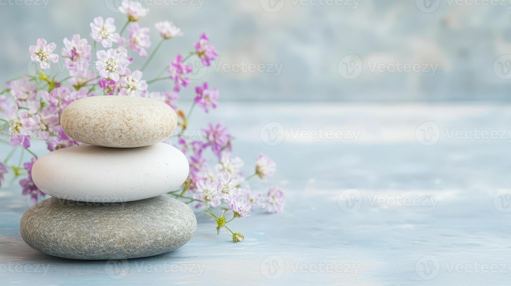 Decorative stones arranged with delicate flowers photo