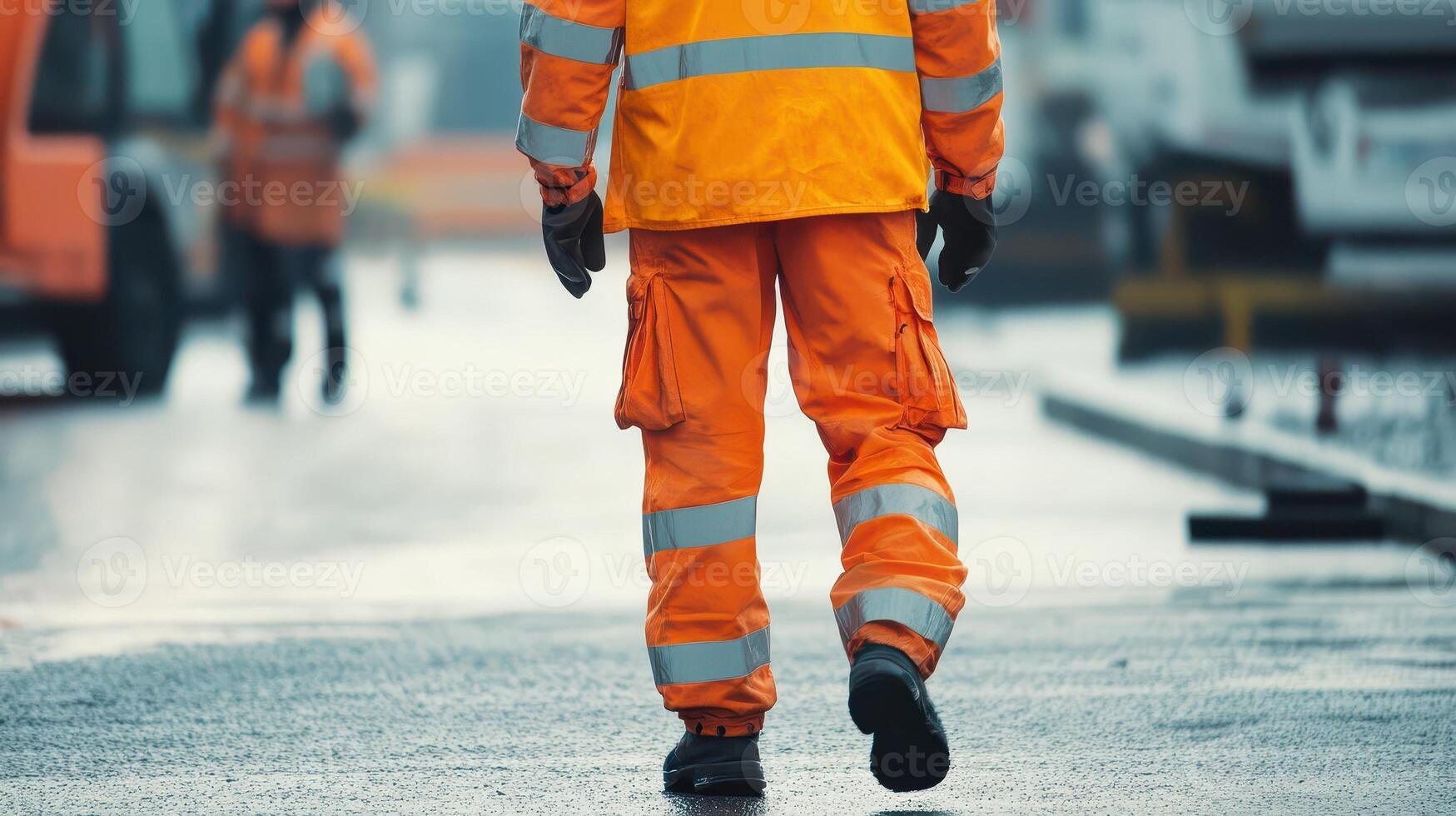 Worker in bright orange gear walks on rainy road photo