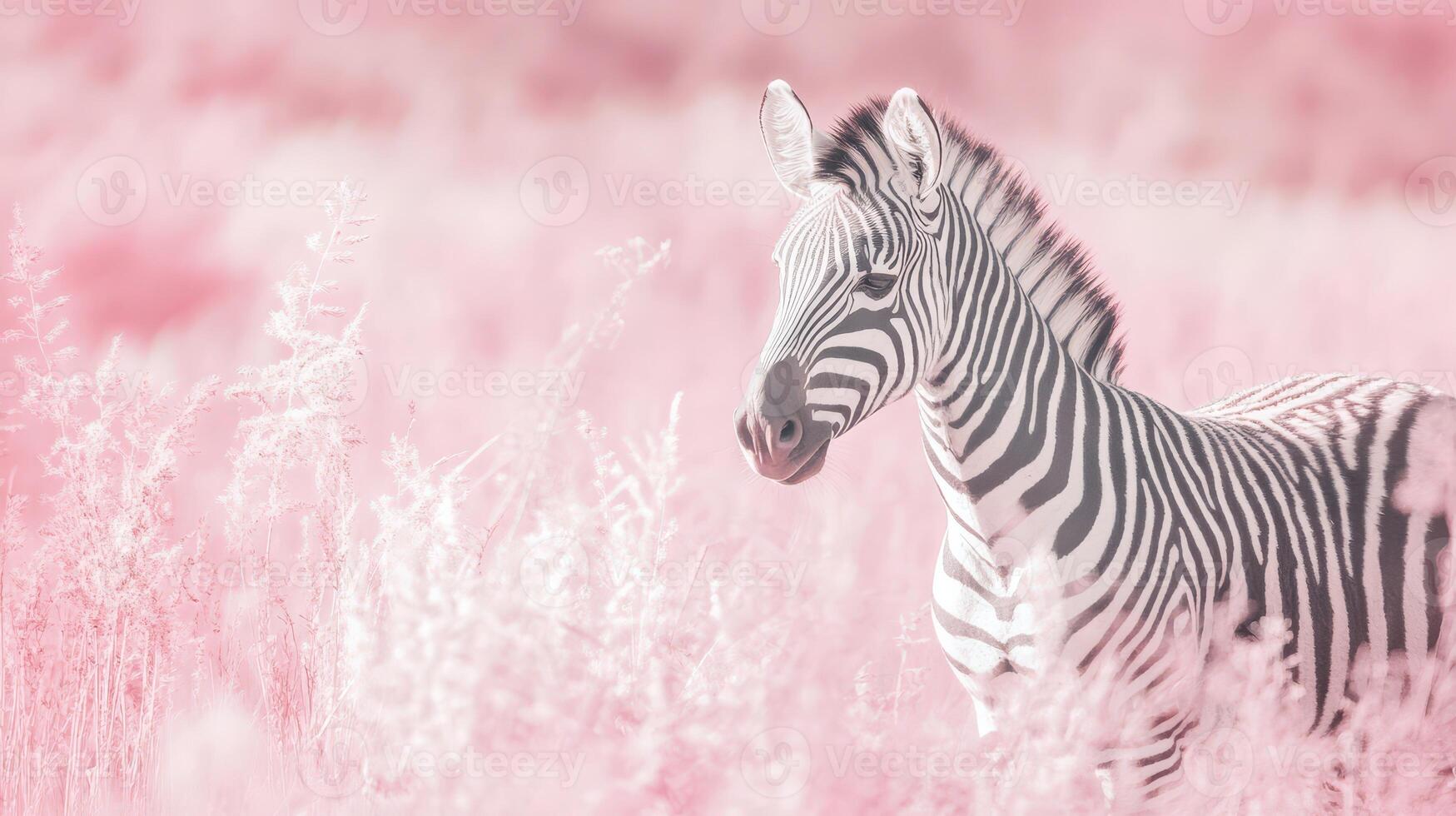 Zebra in pink grassland during sunset time photo
