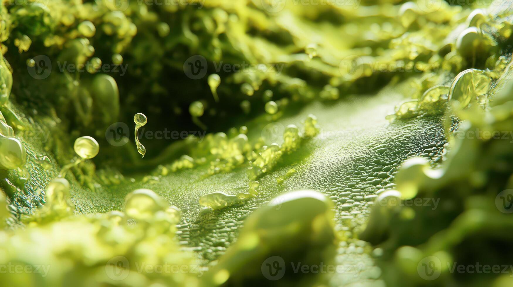 Green algae in close up with bubbles in water photo