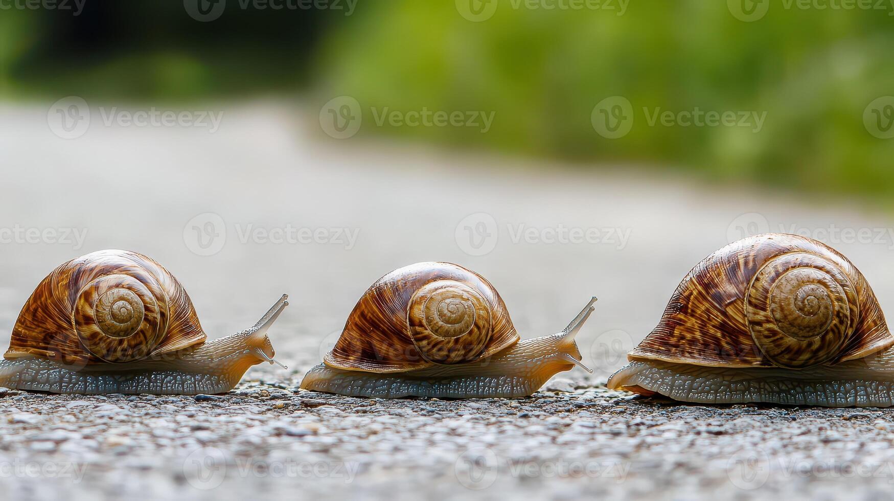 Three snails crawling on a pathway in nature photo