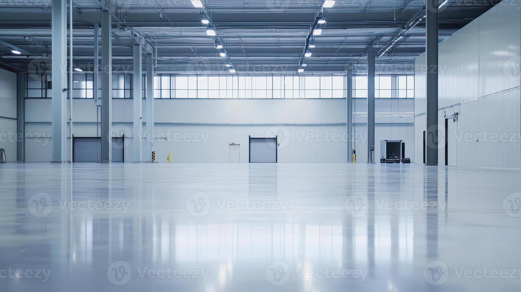 Wide empty warehouse with polished concrete floor photo
