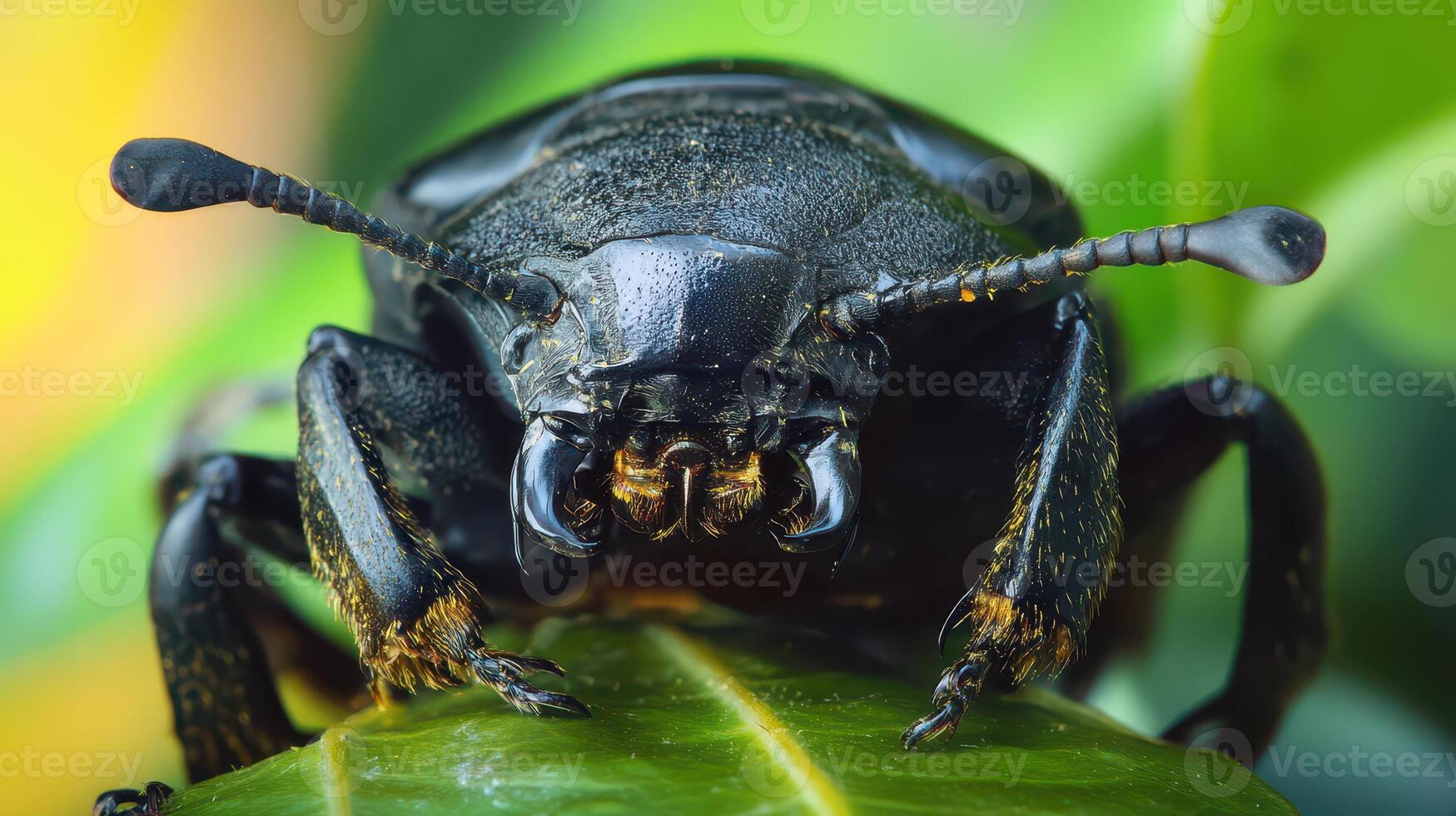 Close look at a black beetle on a green leaf photo