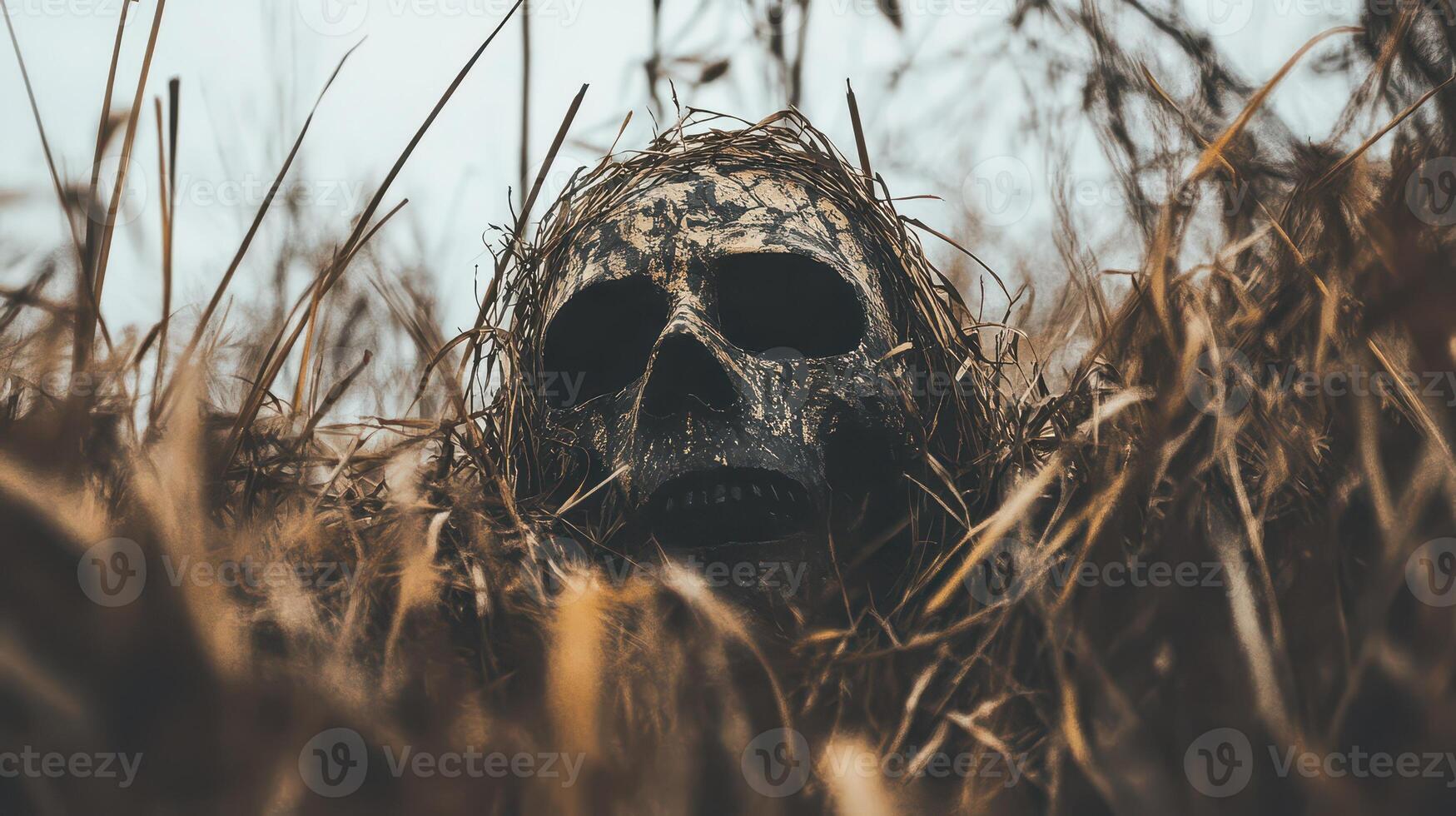 Hidden skull in eerie tall grass photo