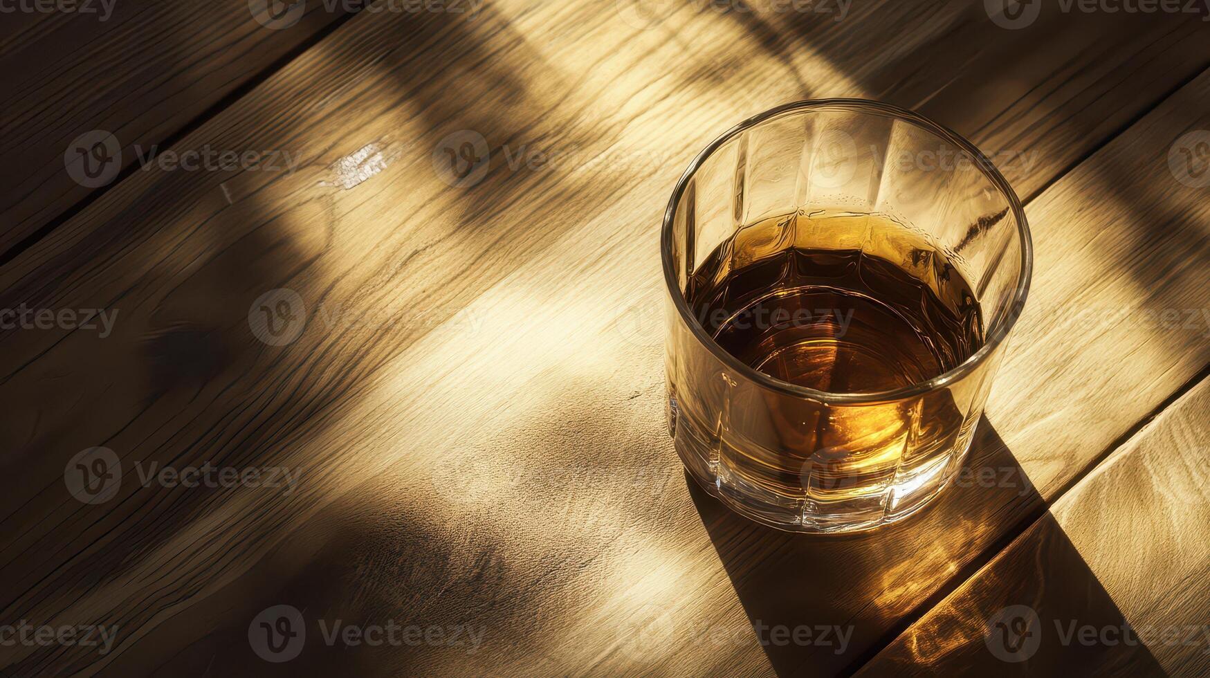 Whiskey glass resting on wooden table photo