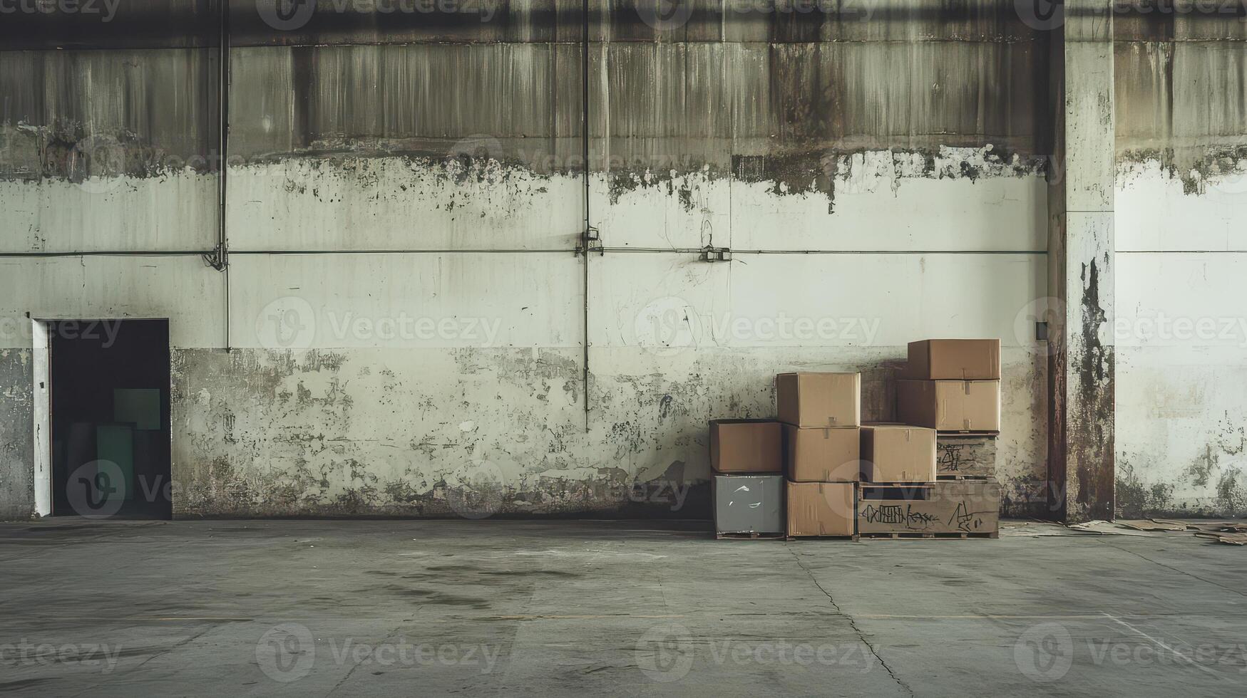 Empty warehouse with stacked boxes and a door photo