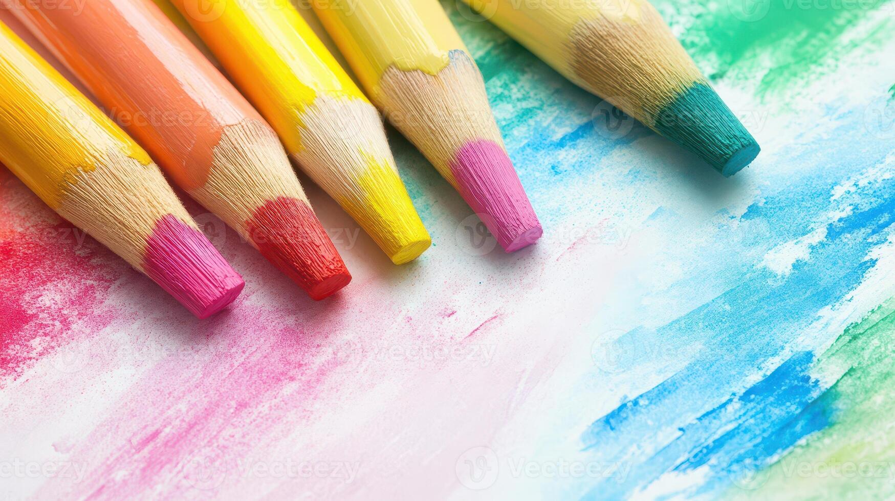Vibrant colored pencils arranged on an art canvas photo