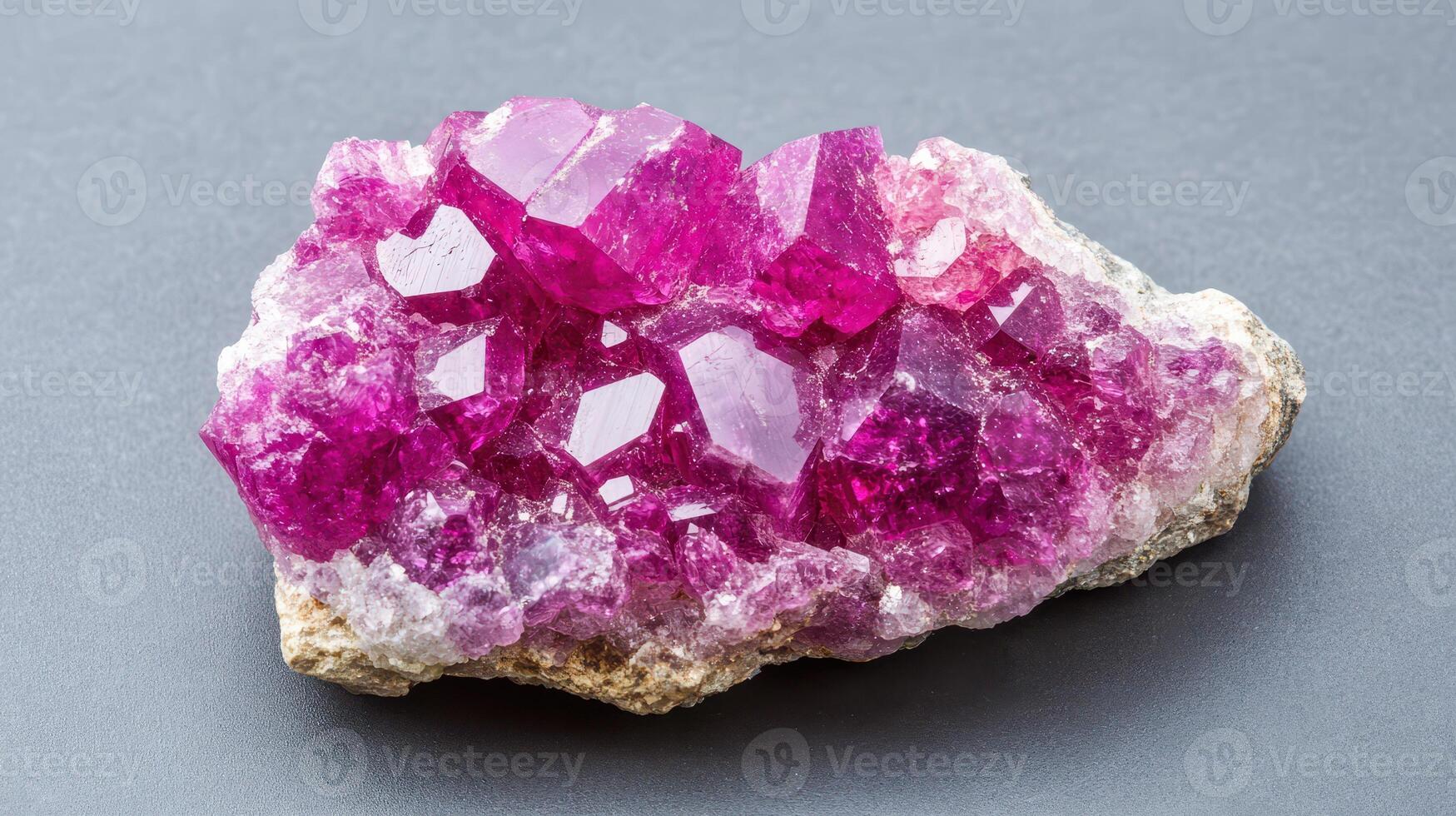 Bright pink ruby crystal cluster on gray surface photo