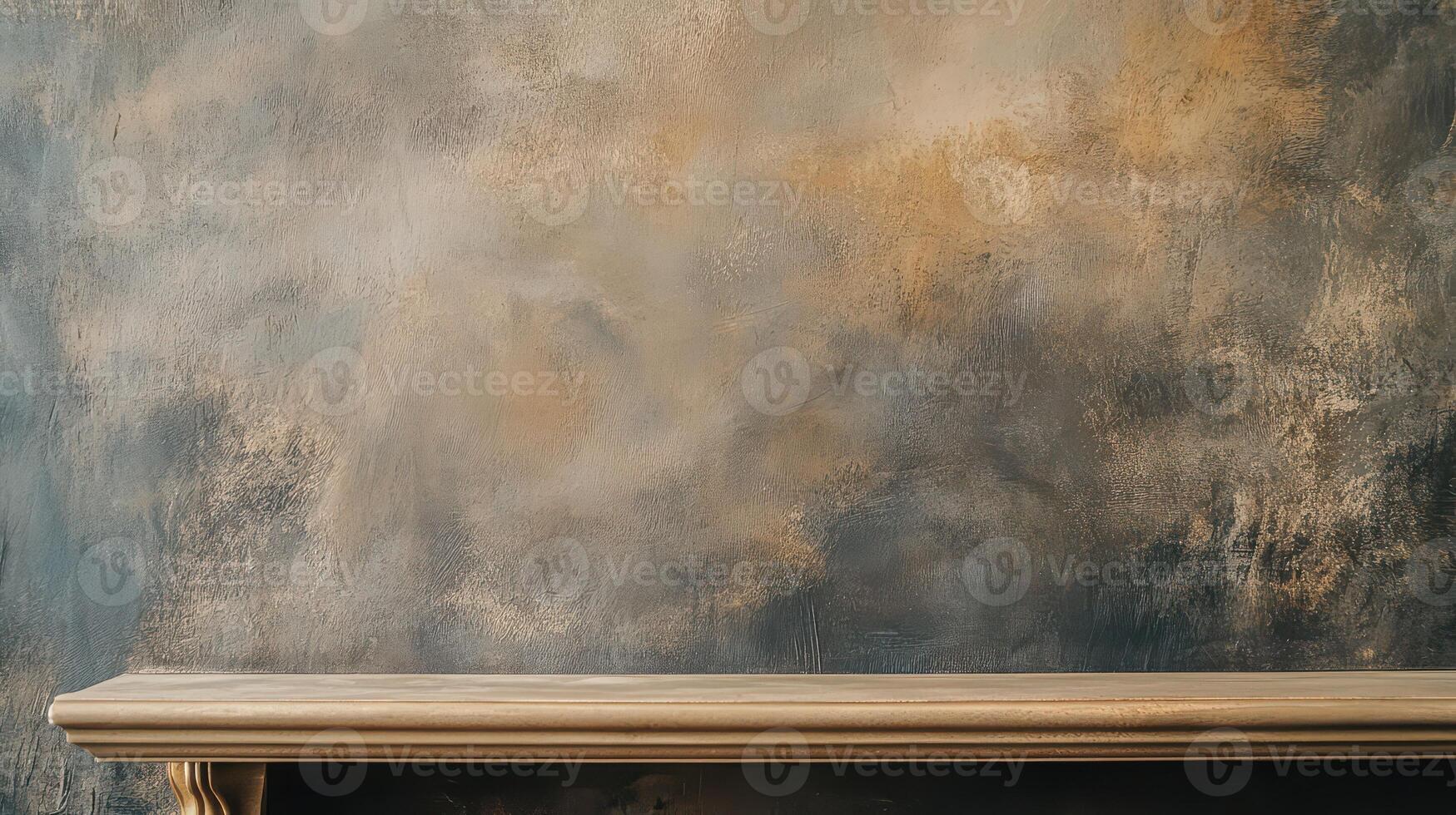 Textured wall with wooden shelf in neutral tones photo