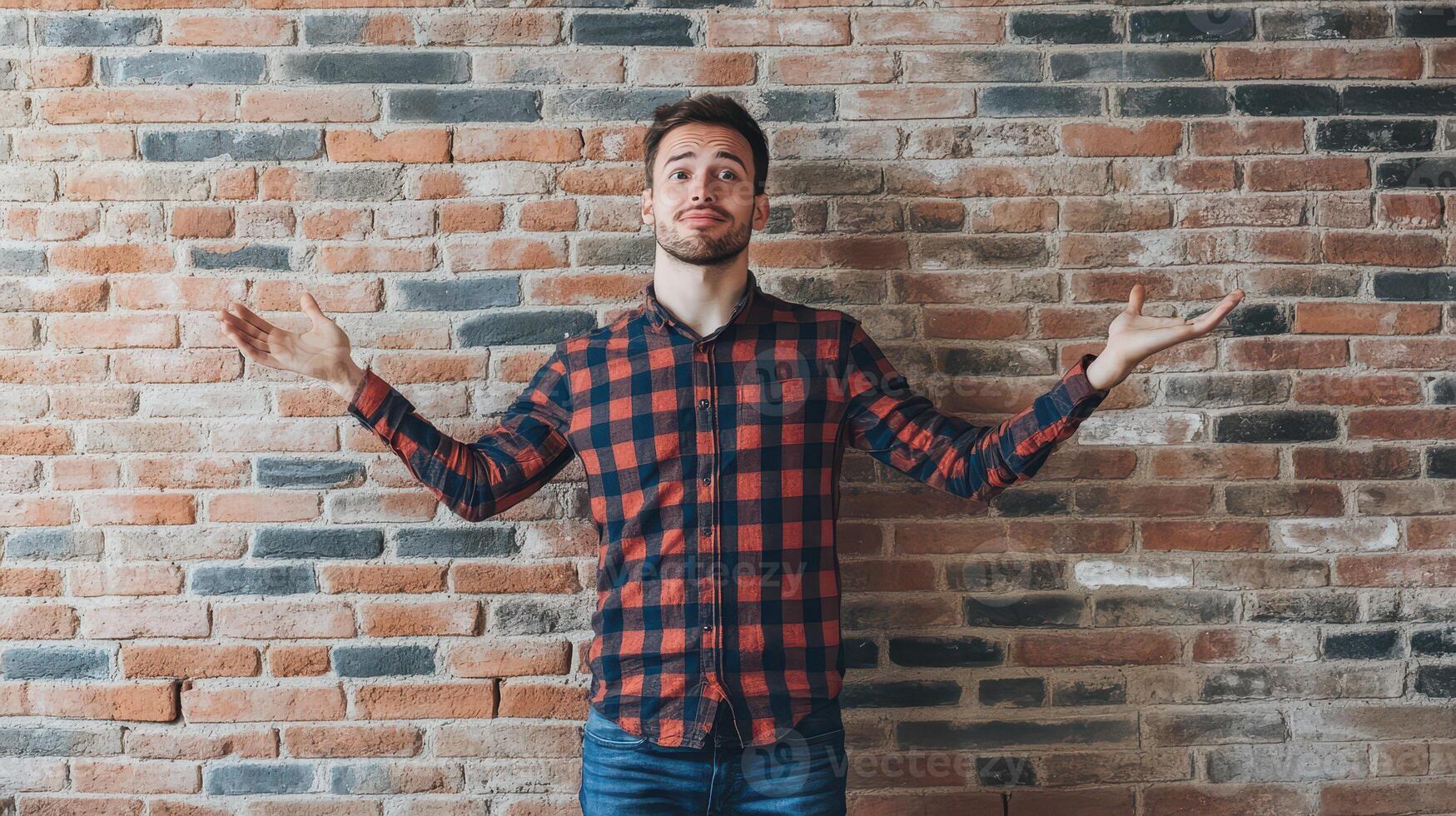 Young man poses with open arms in urban setting photo