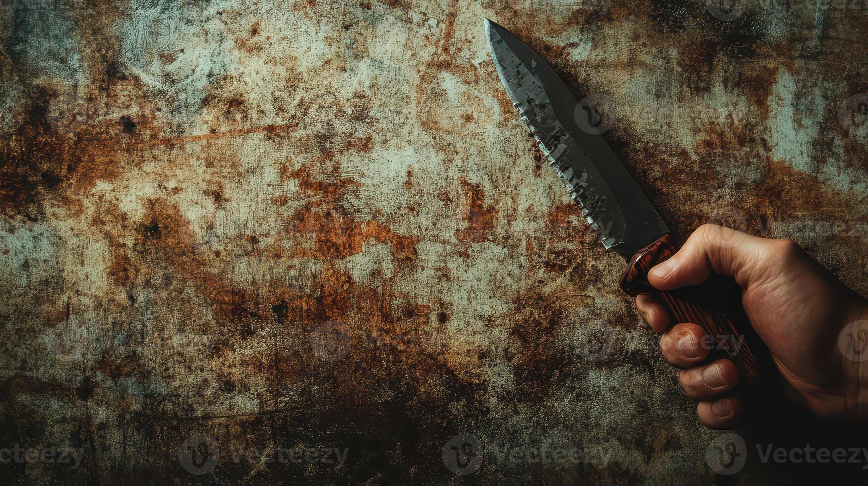 Rusty knife held against weathered background photo