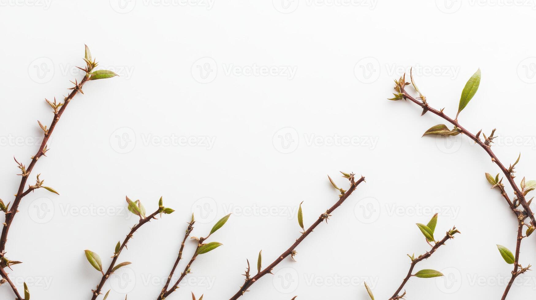 Fresh green leaves on thin branches with thorns photo
