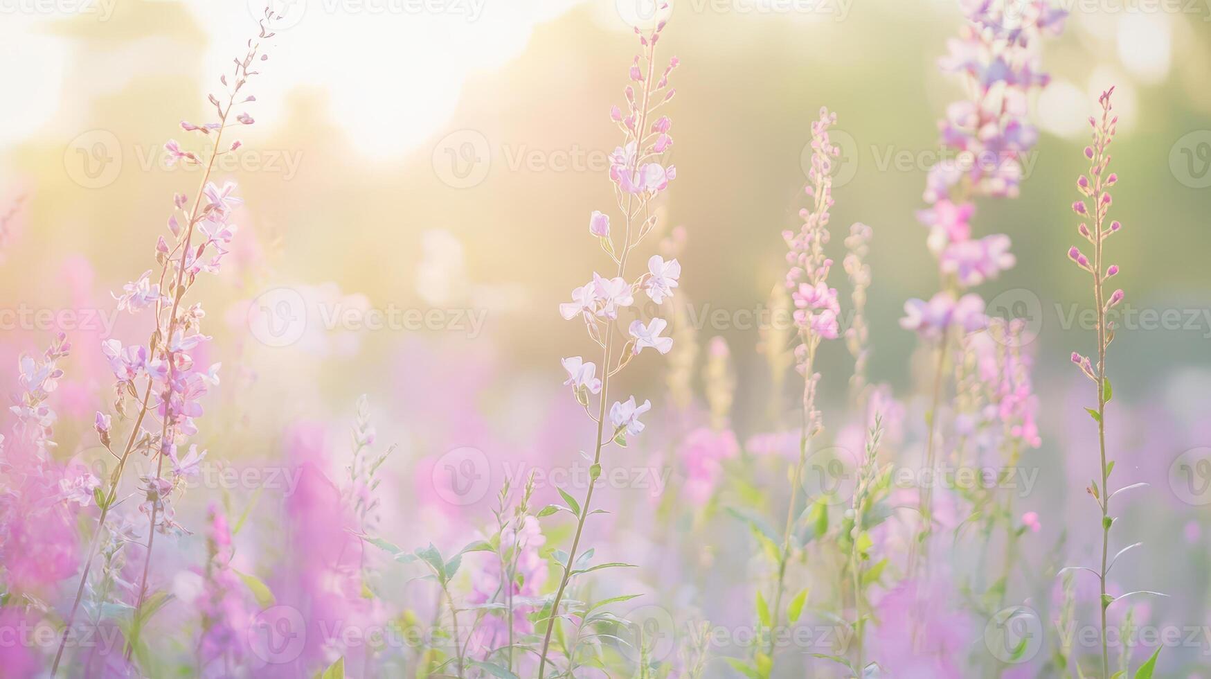 Beautiful wildflowers blooming in soft sunlight photo