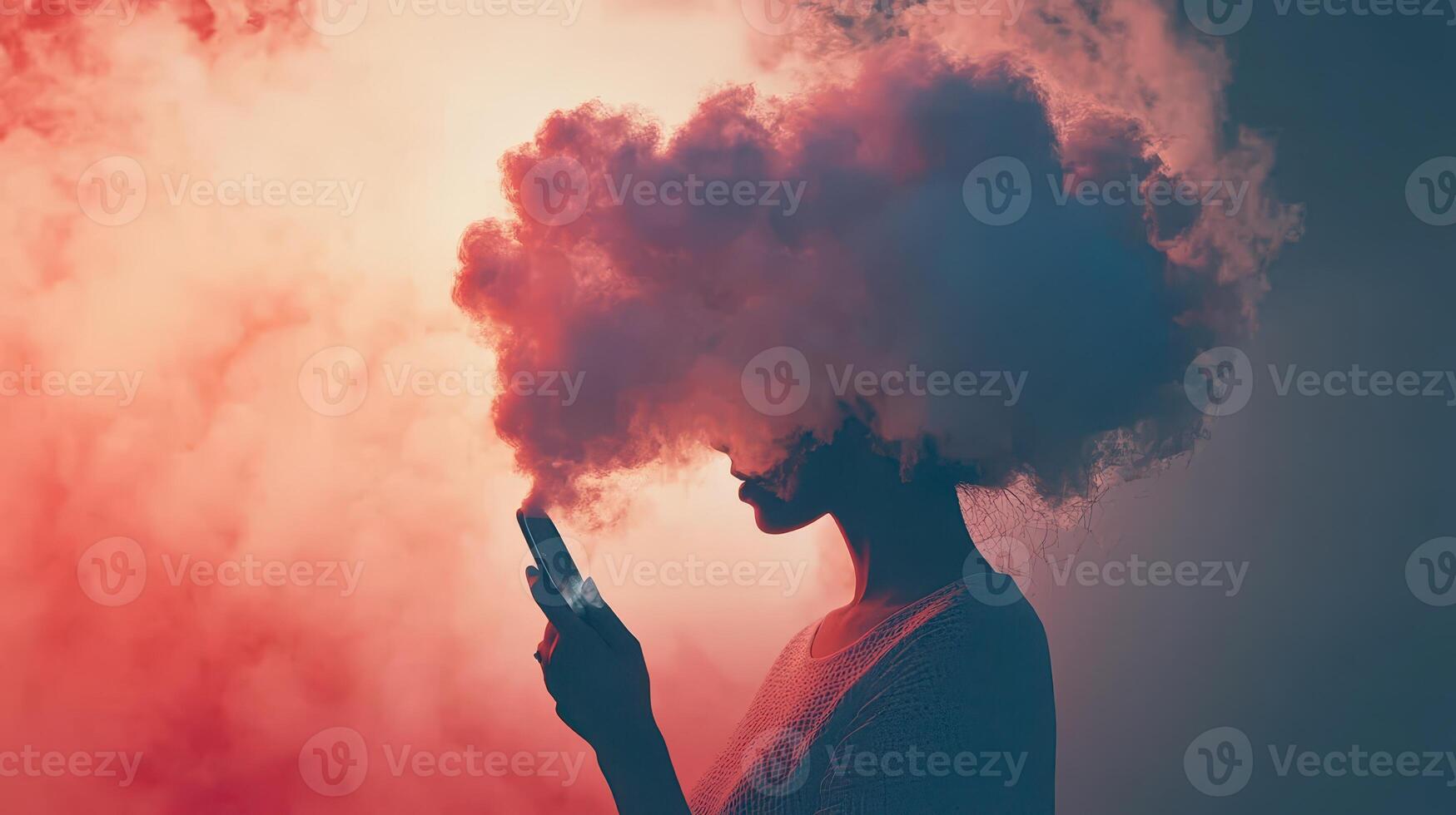 Woman with cloud like head using smartphone in fog photo