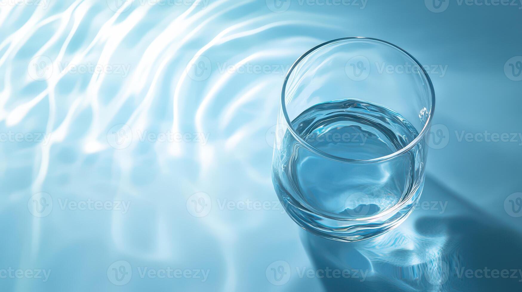 Clear glass of water resting on blue surface photo
