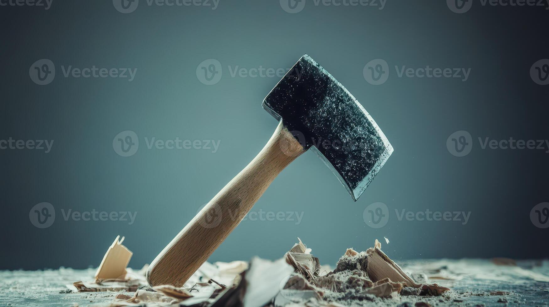 Wooden handled axe embedded in debris on table photo