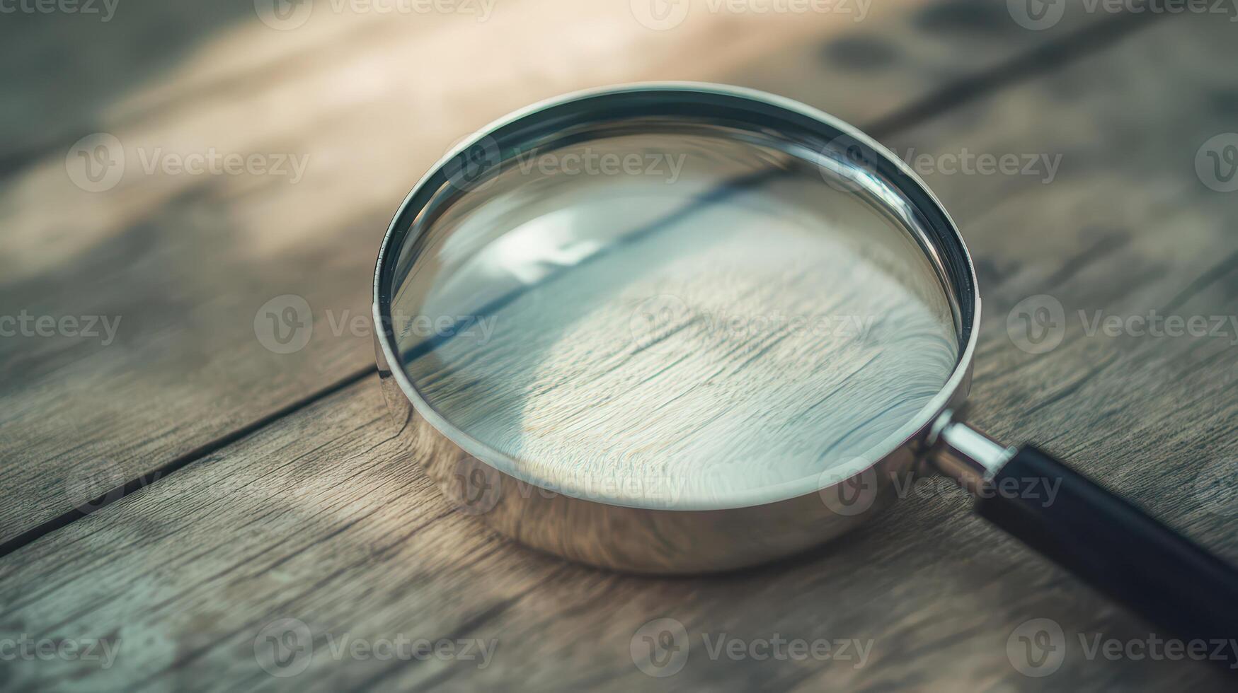 Close view of magnifying glass on wooden surface photo