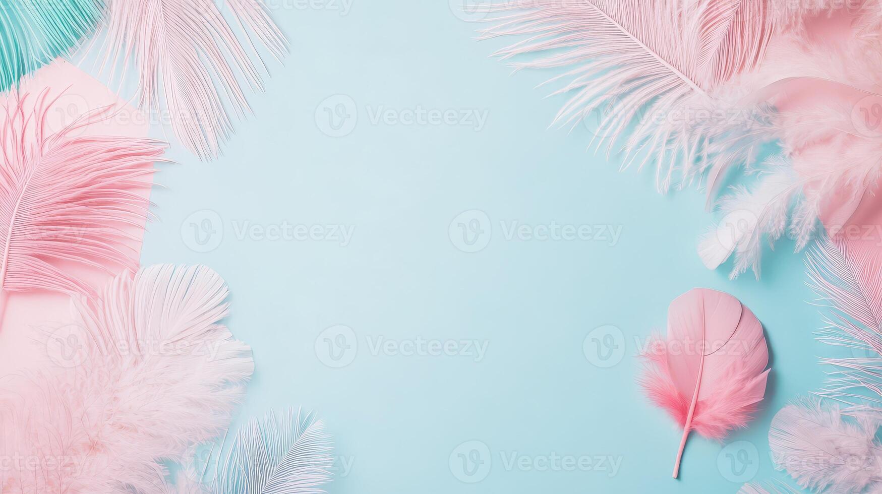 Soft pastel feathers arranged on a blue background photo