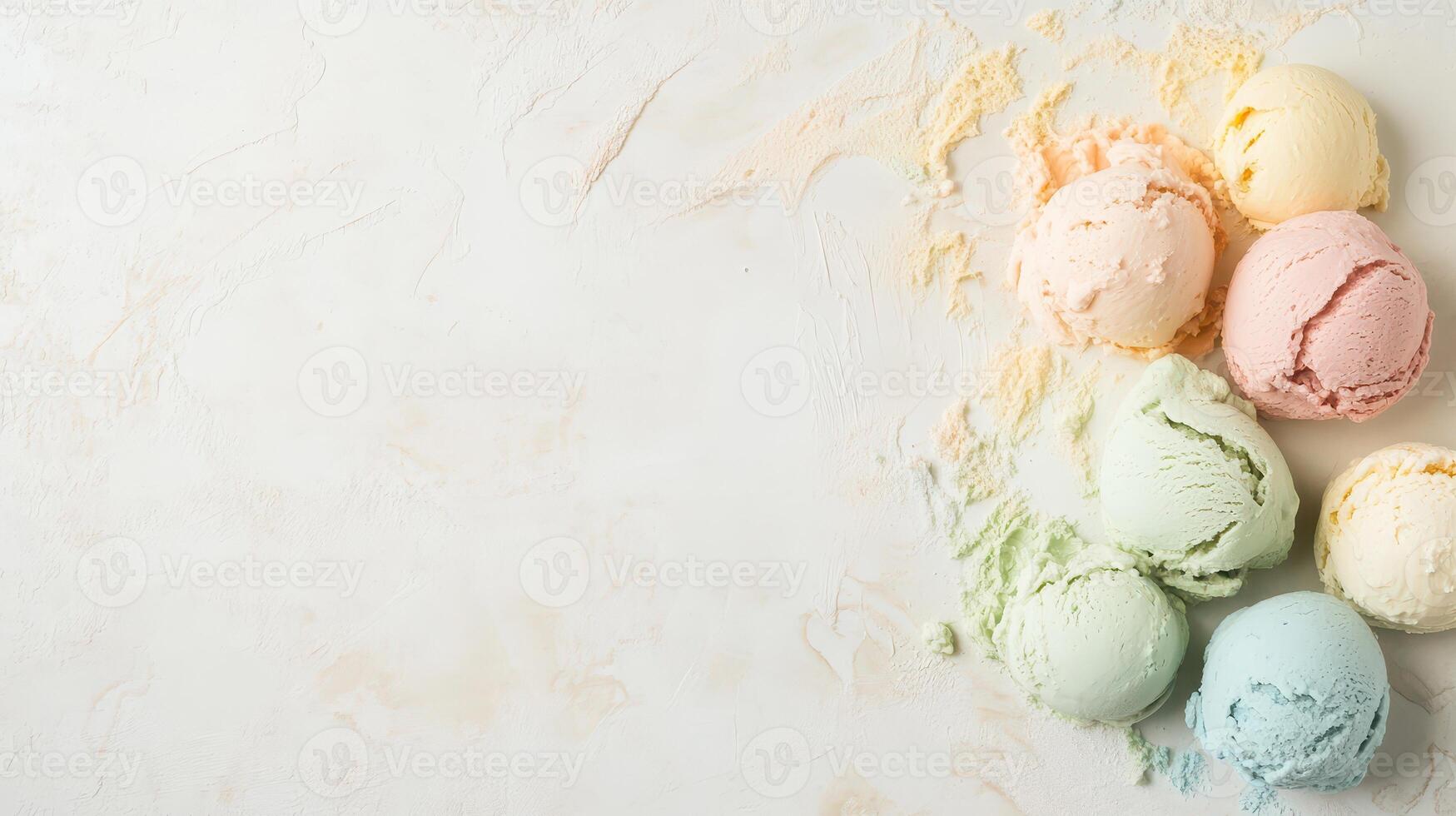 Colorful ice cream scoops on a textured surface photo