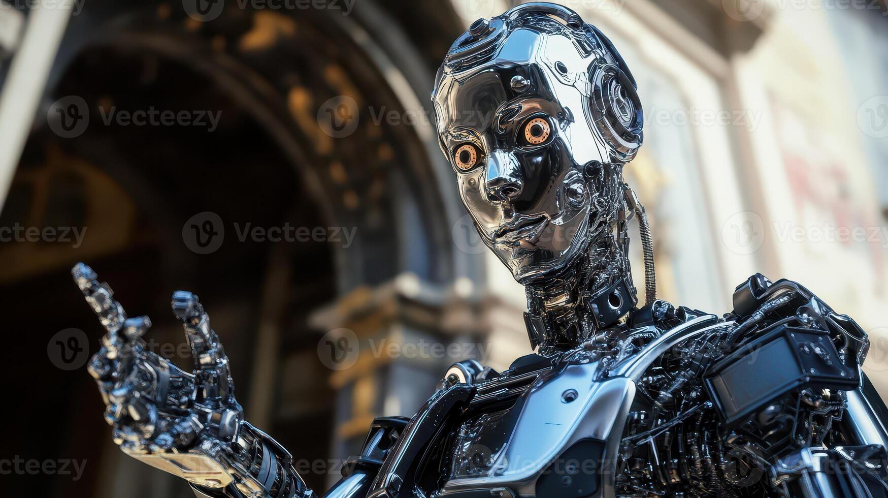 Robot interacts with surroundings in urban setting photo