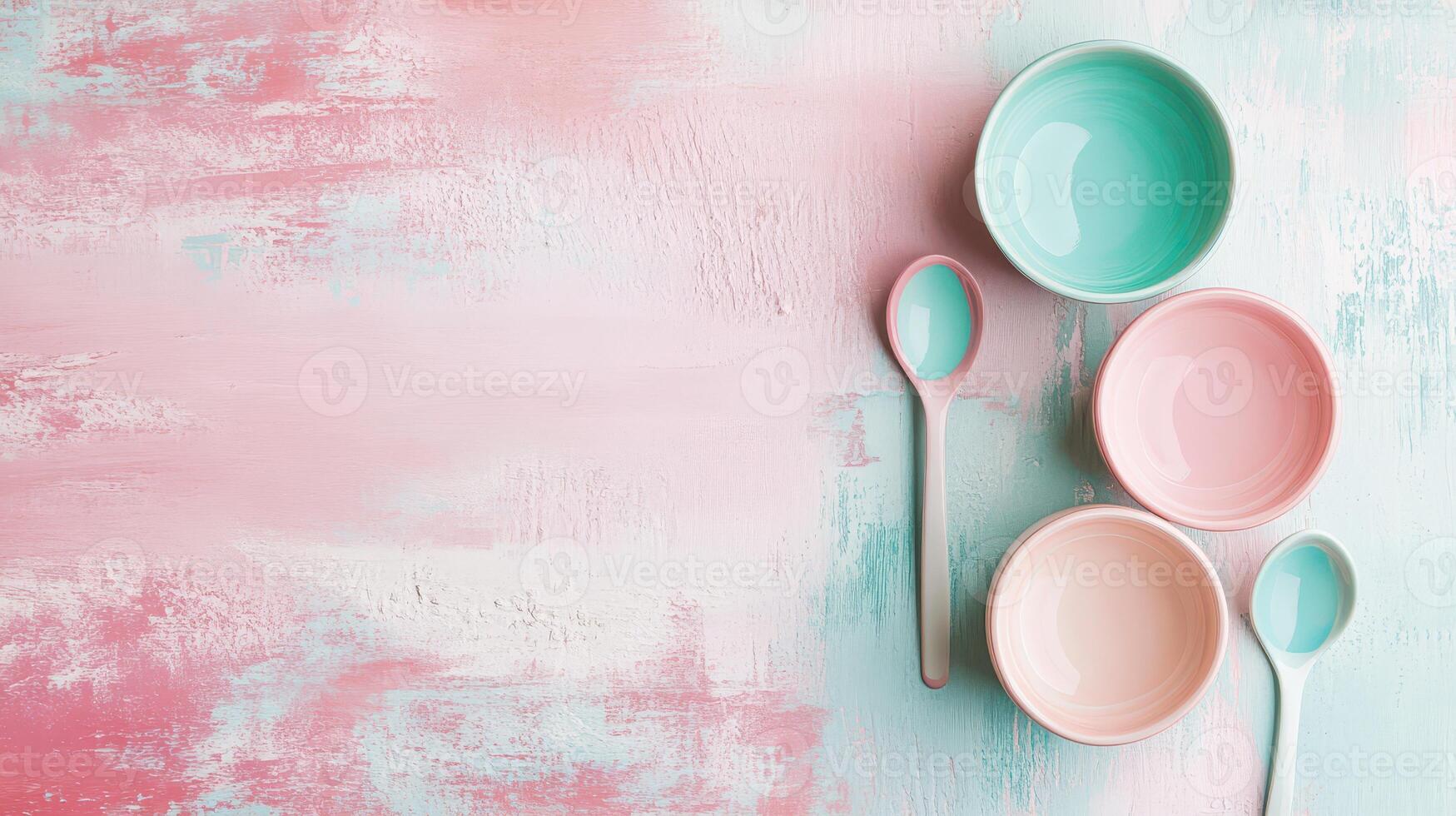 Bowls and spoons arranged on a pastel background photo
