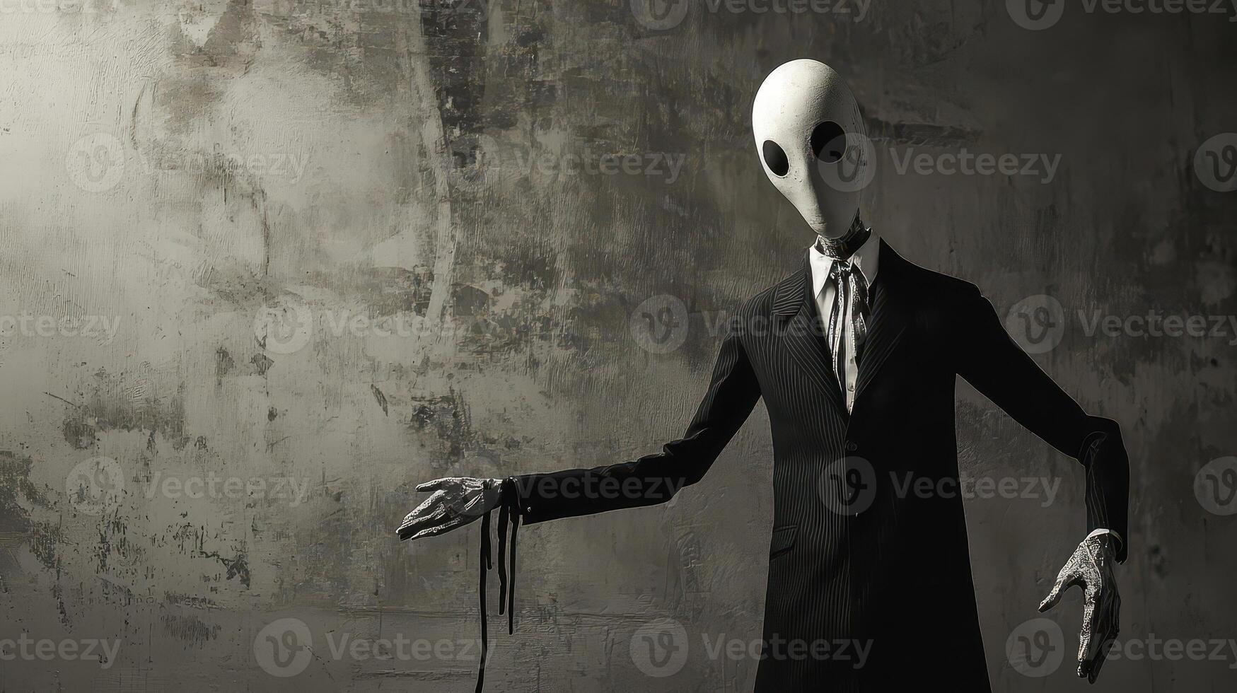 Eerie figure in a dark suit with a pale face photo