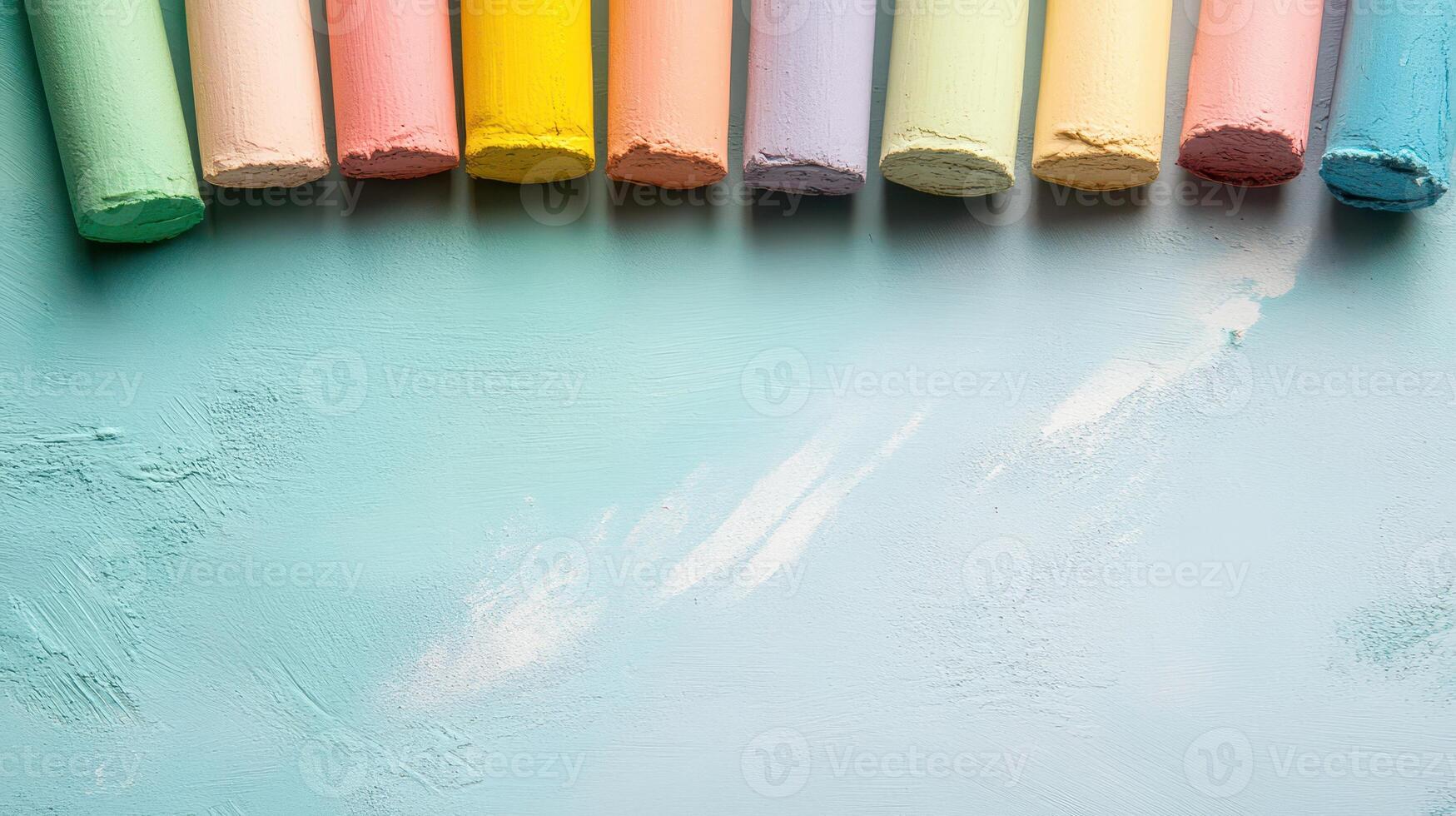 Colorful chalk sticks arranged on a blue surface photo