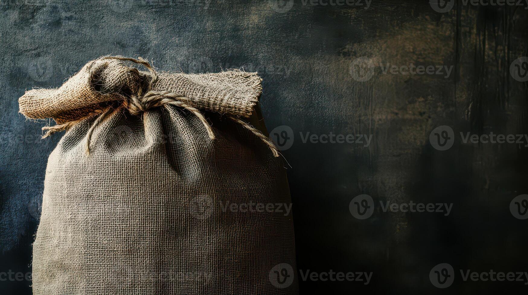Natural burlap sack on dark textured background photo