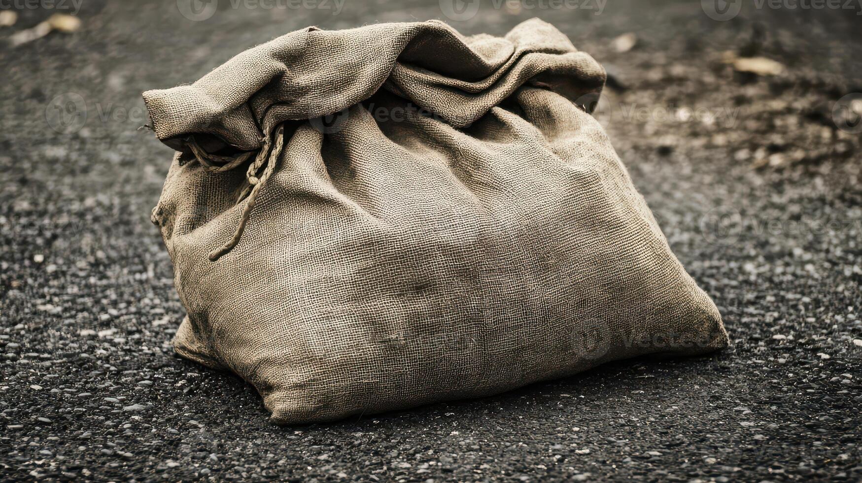 Burlap sack resting on a gravel road photo