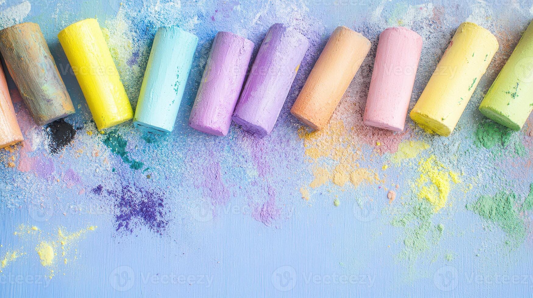 Colorful chalk arranged on a vibrant blue surface photo