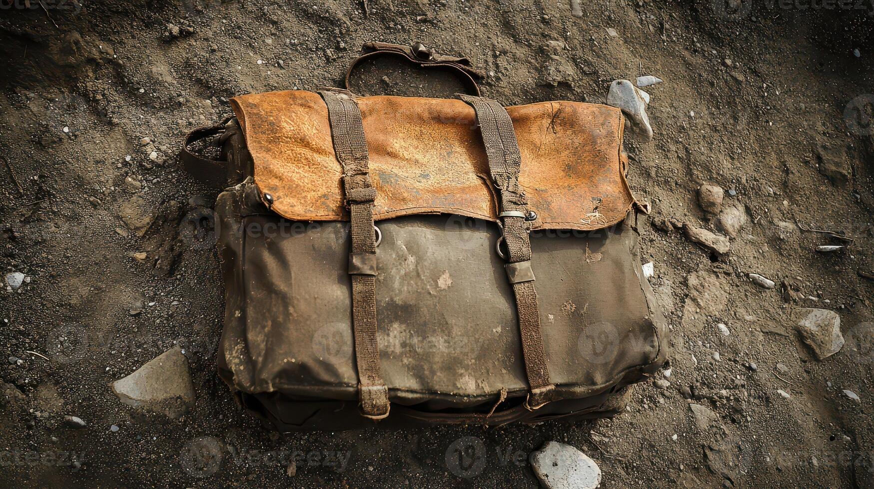 Old worn backpack rests on the dusty ground photo