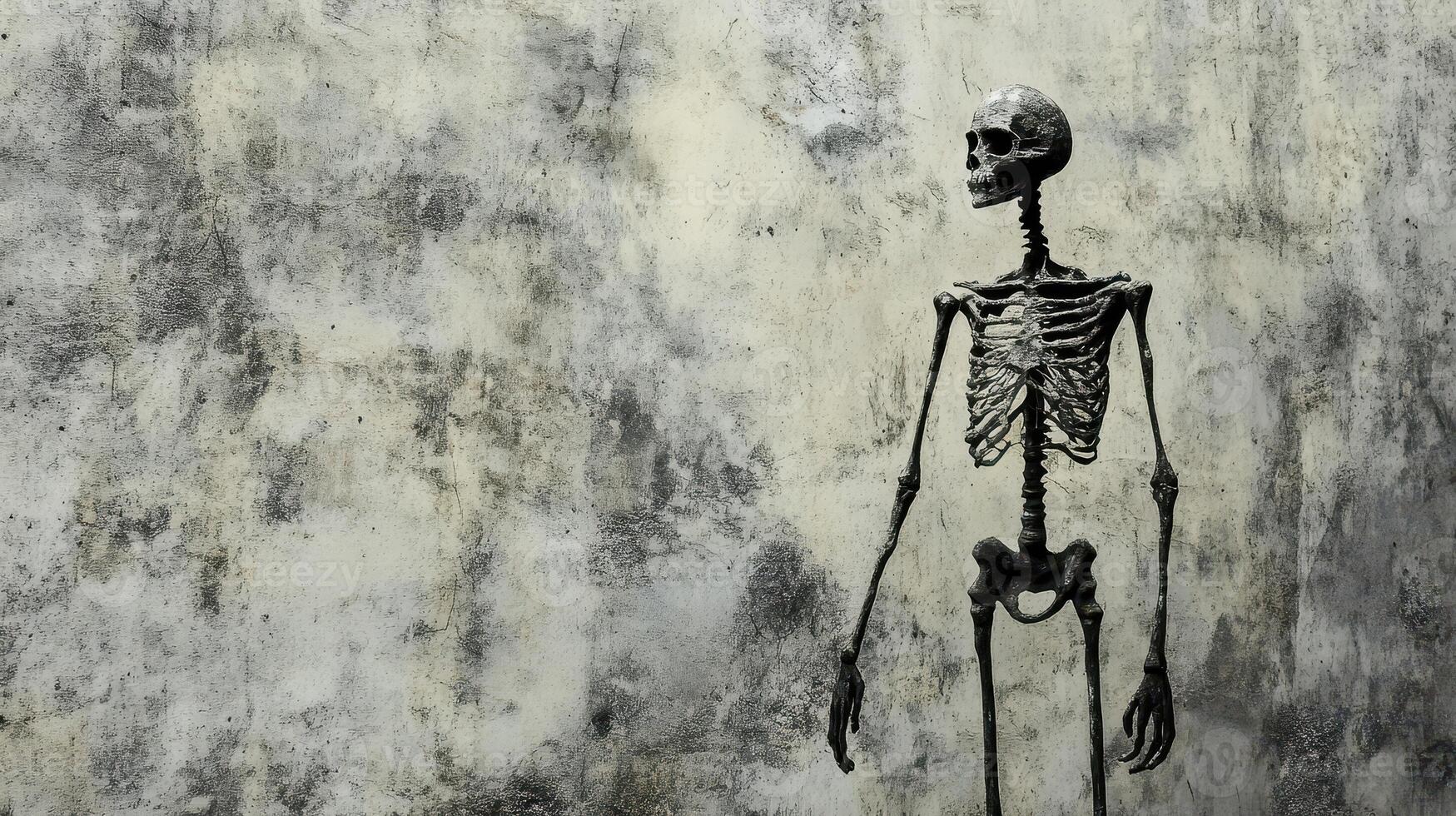 Skeleton leans on a worn wall photo