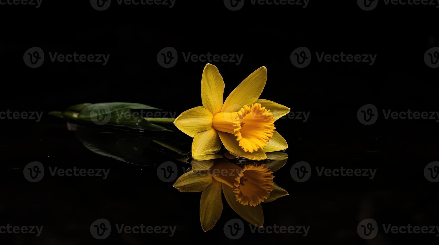 Bright yellow daffodil floating on calm water photo