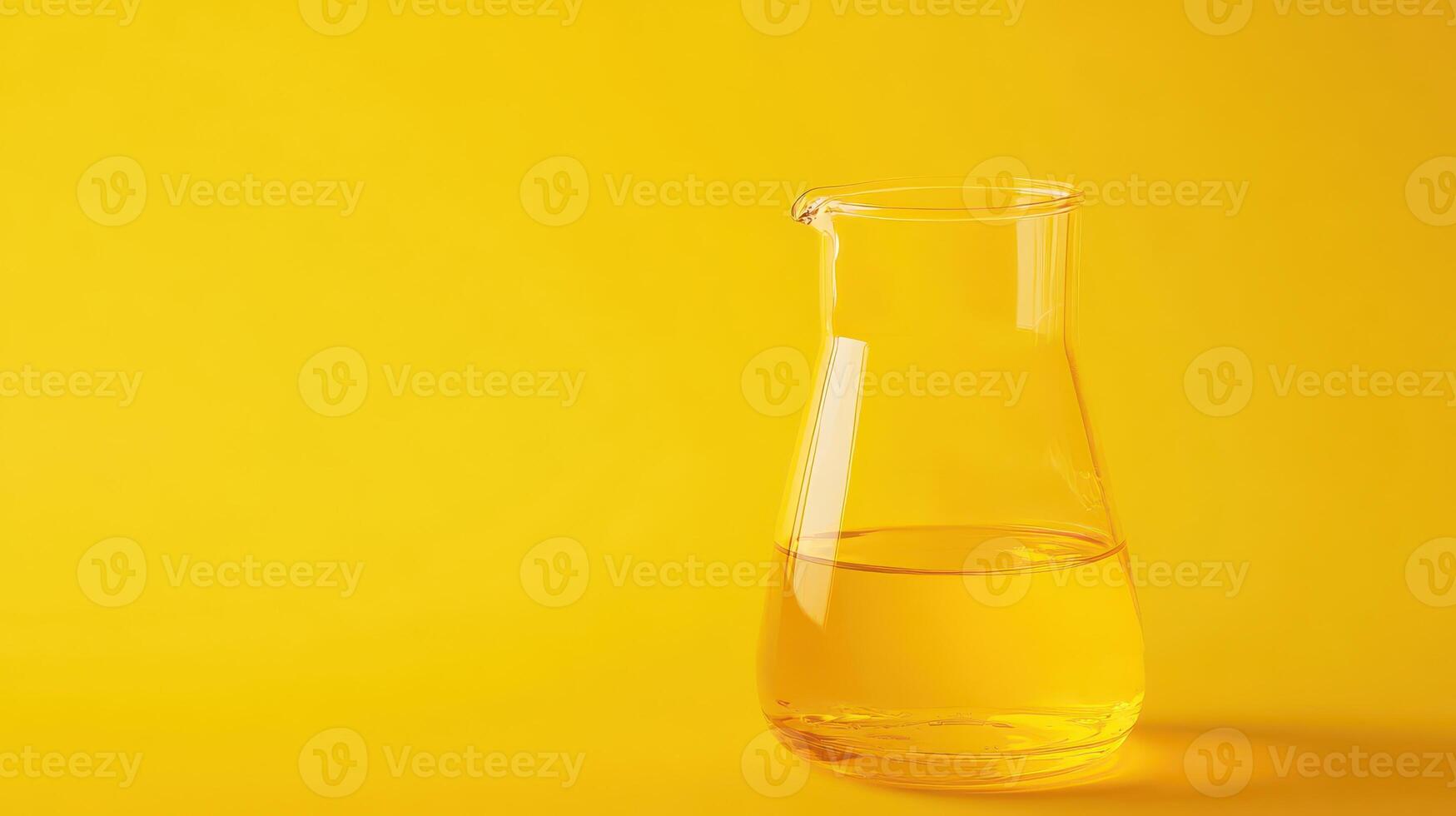 Yellow liquid in glass jug on bright background photo
