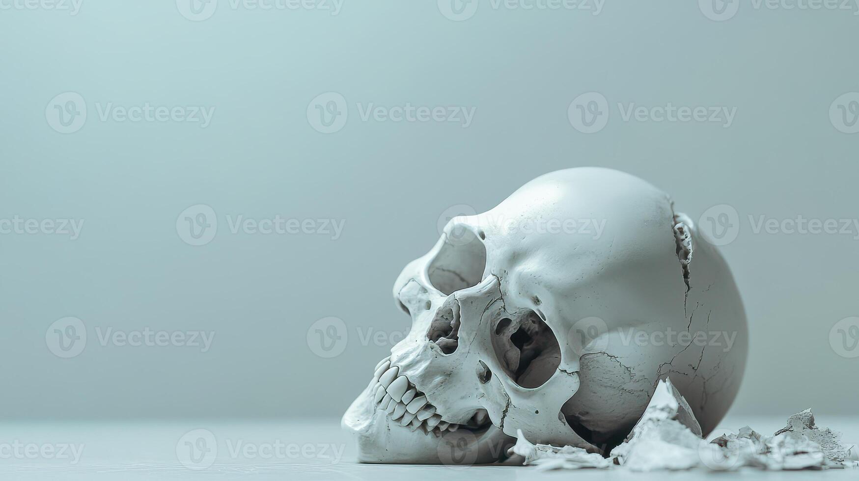 Skull on a surface with fragments around it photo