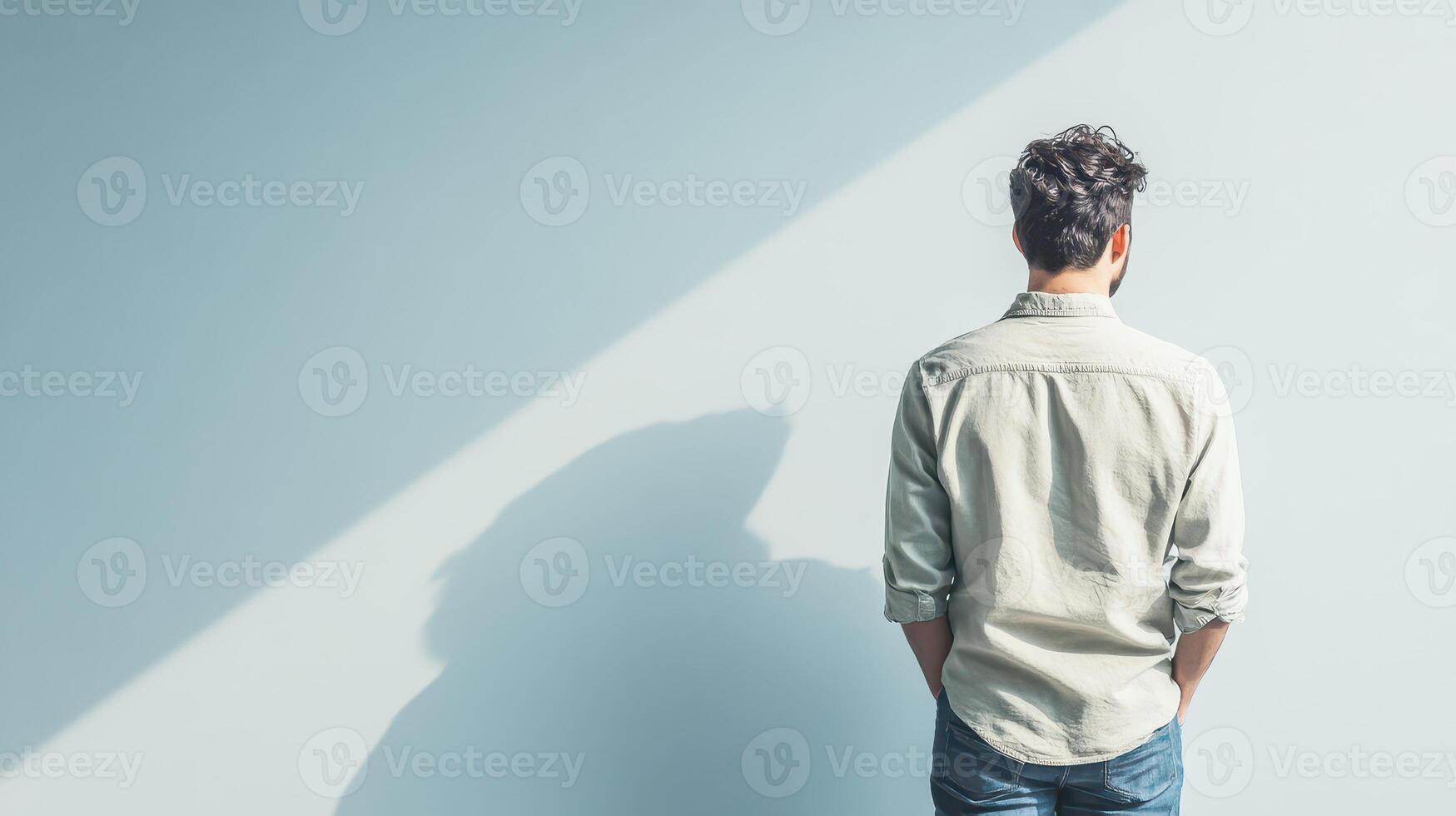Man stands in contemplative pose by a wall photo