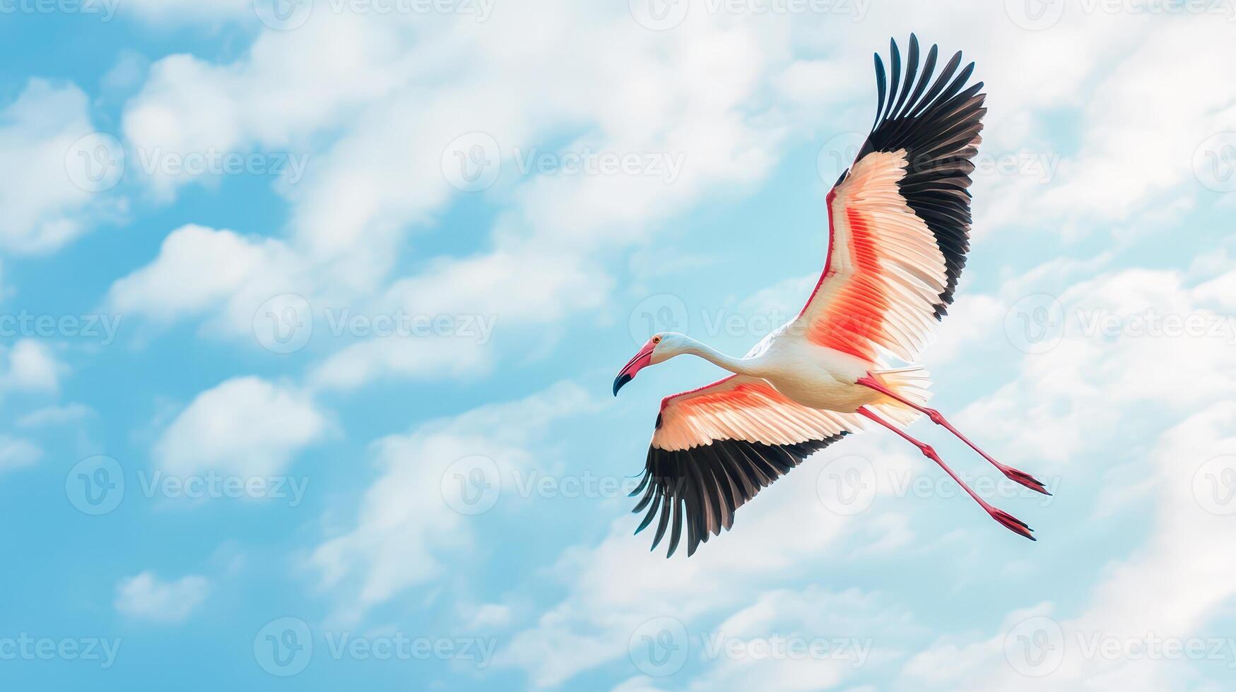 Stunning flamingo flying in clear sky with clouds photo