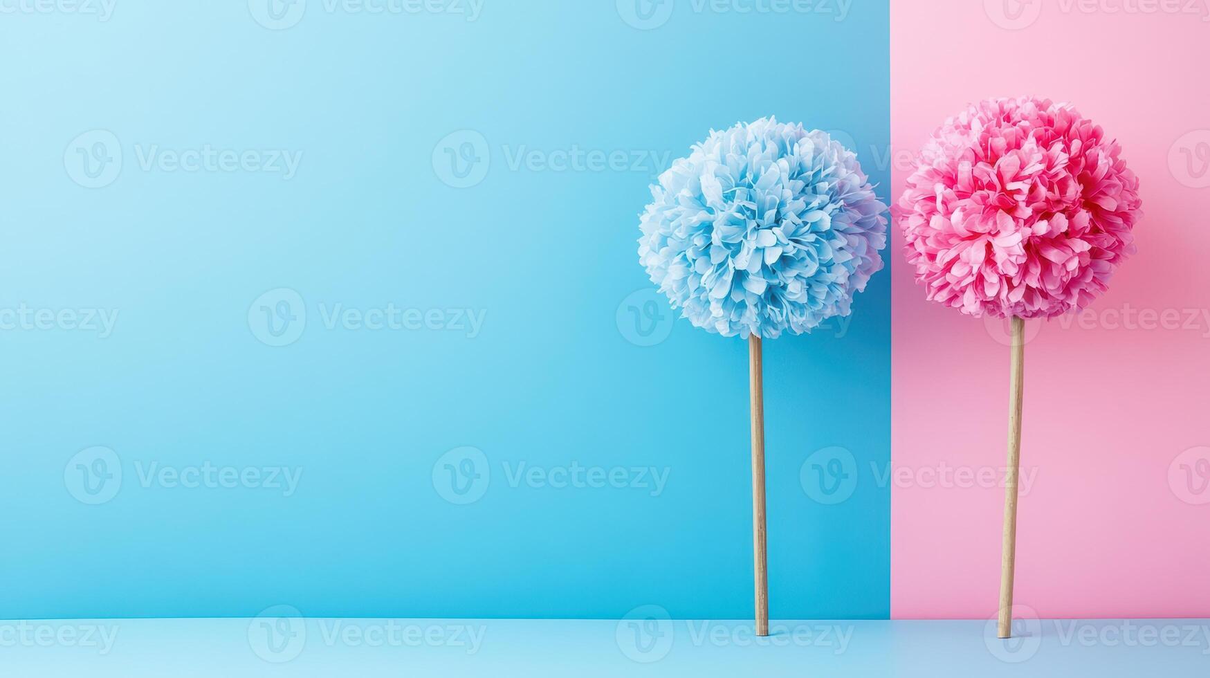 Colorful paper flowers on blue and pink background photo