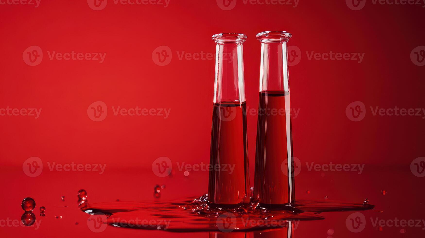 Glass test tubes with red liquid on red surface photo